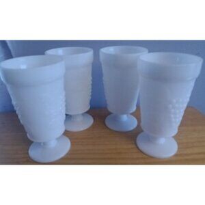 Vintage Set of 4 White Milk Glass Footed Goblets Glasses Grapes Pattern